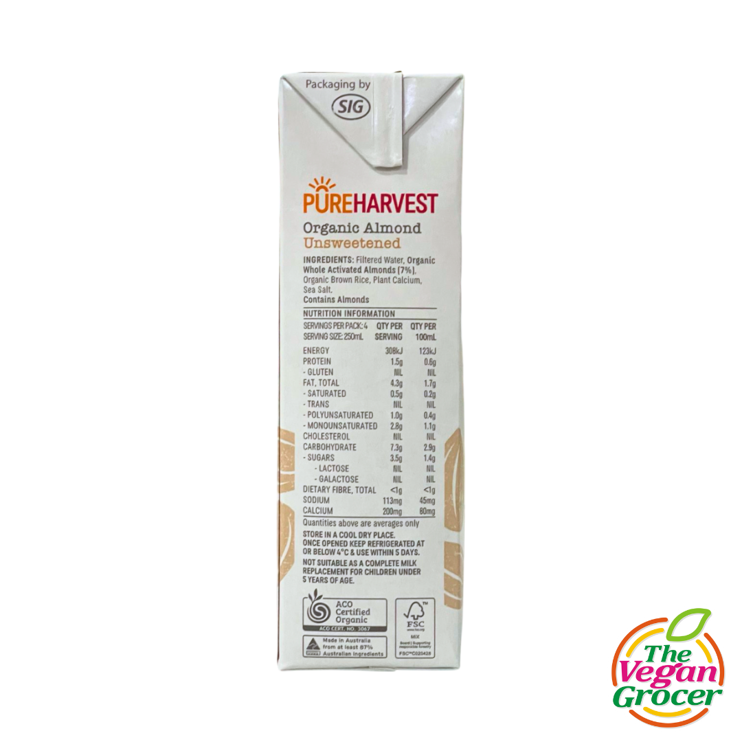 Pure Harvest Organic Almond Milk Unsweetened 1L (gluten-free, soy-free)