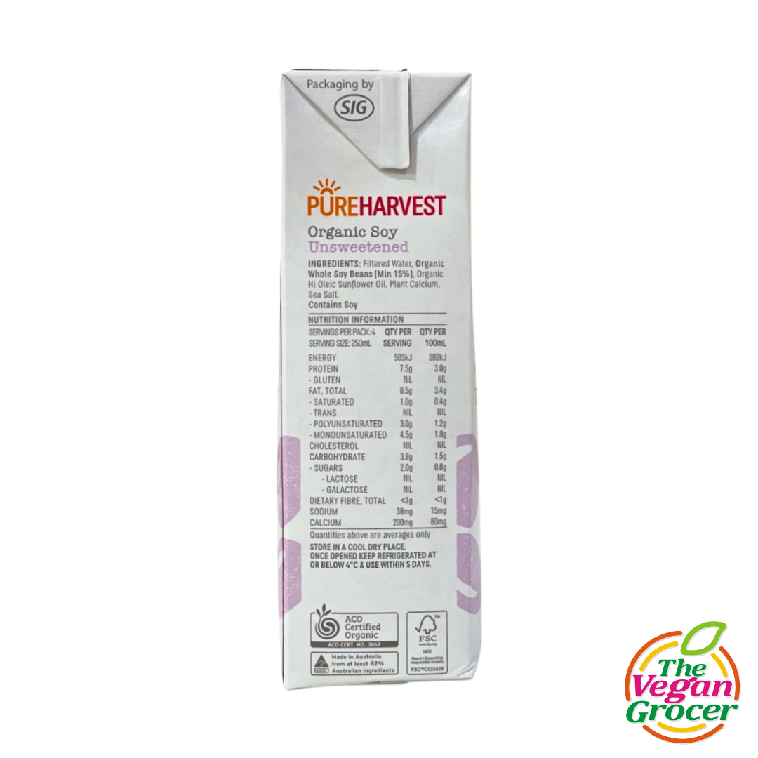 Pure Harvest Organic Soy Milk Unsweetened 1L (gluten-free, nut-free)