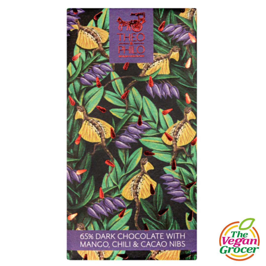 Theo & Philo 65% Dark Chocolate with Mango, Chili & Cacao Nibs 45g