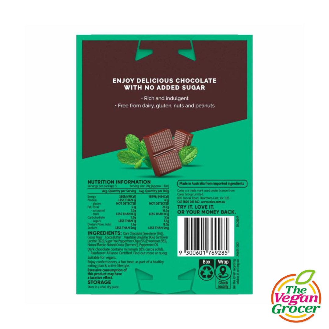 Coles Dark Chocolate with Peppermint (No Added Sugar) 100g