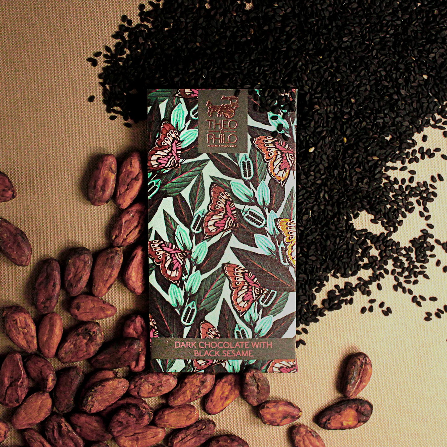 Theo & Philo 65% Dark Chocolate with Black Sesame, Cashew, and Pili Nut 45g