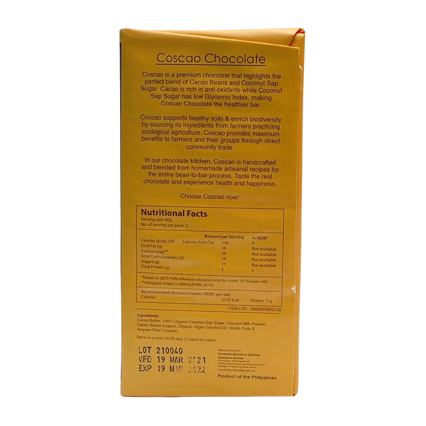 Coscao Coconut Milk Chocolate with Ampaw 43%