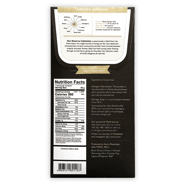 Auro Reserve Collection : 100% Saloy Dark Chocolate 60g