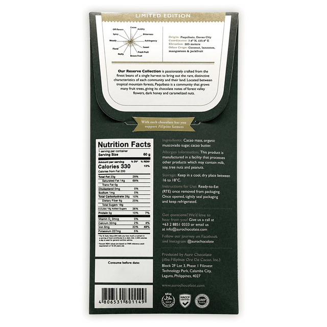 Auro Reserve Collection : 70% Paquibato Dark Chocolate 60g