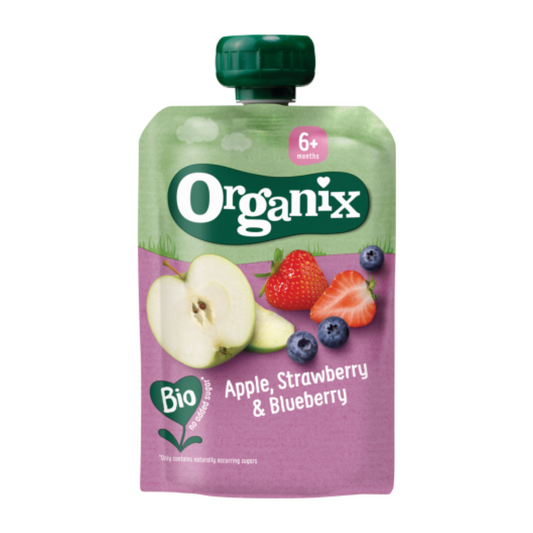 Organix Apple, Strawberry & Blueberry Puree Pouch 100g 6+mos (gluten-free, no added sugar)