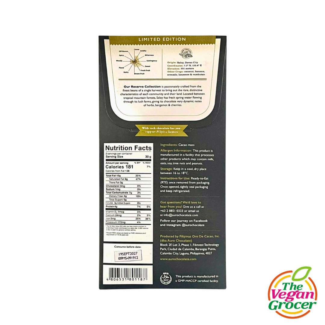 Auro Reserve Collection : 100% Saloy Dark Chocolate 60g