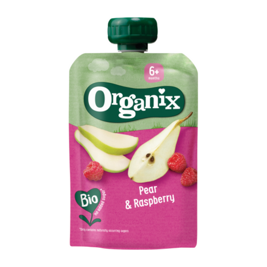 Organix Pear & Raspberry Puree Pouch 100g 6+mos (gluten-free, no added sugar)