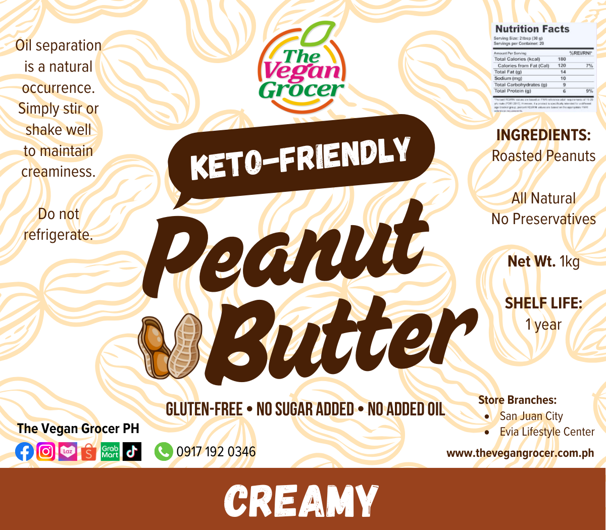 TVG Keto Peanut Butter 1 kg - Pure & Creamy (gluten-free, no sugar added, Halal)