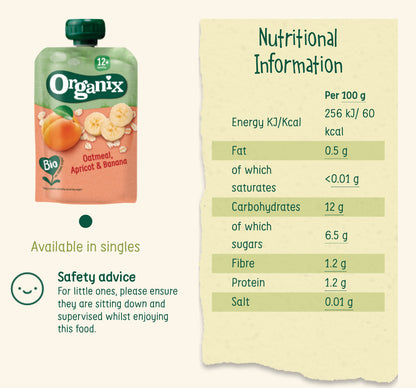 Organix Oatmeal, Apricot & Banana Puree Pouch 100g 12+mos (no added sugar)