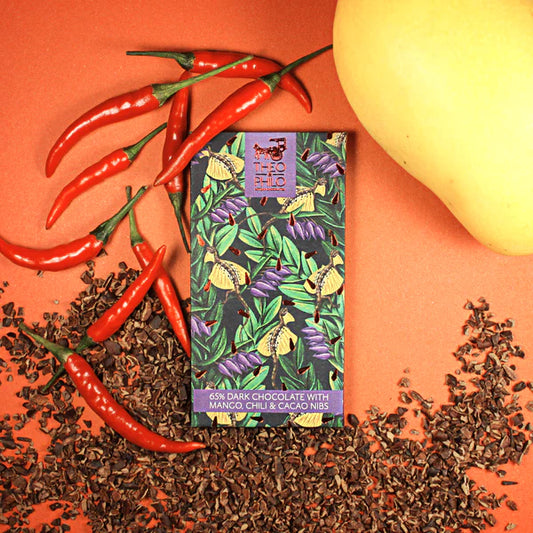 Theo & Philo 65% Dark Chocolate with Mango, Chili & Cacao Nibs 45g