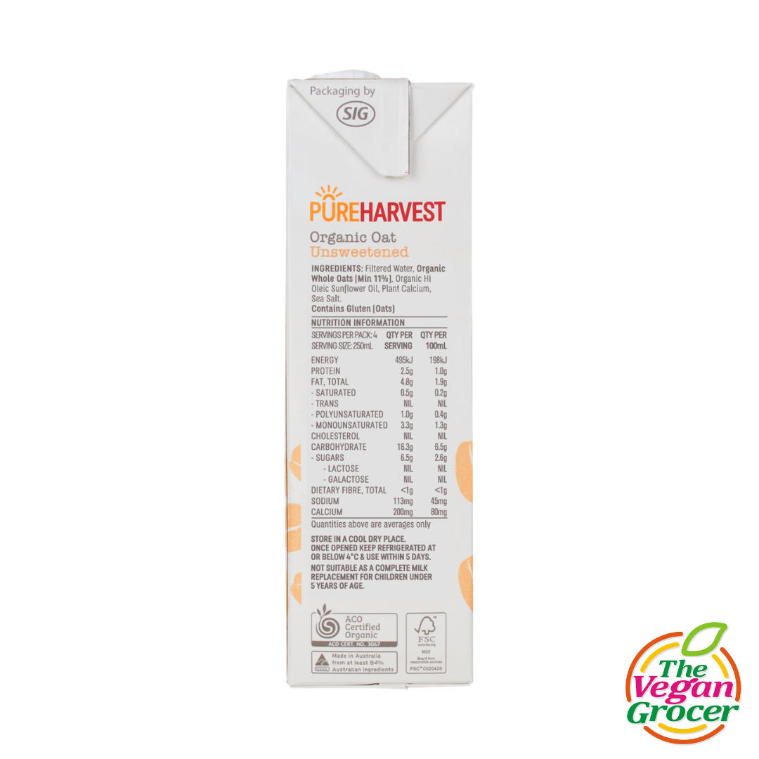 Pure Harvest Organic Oat Milk Unsweetened 1L (soy-free, nut-free)