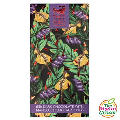 Theo & Philo 65% Dark Chocolate with Mango, Chili & Cacao Nibs 45g