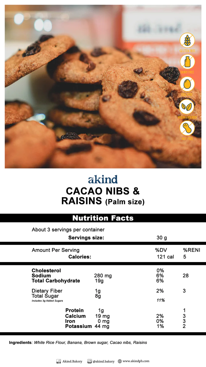 Akind Cacao Nibs & Raisins Cookies (palm size) 30g (gluten-free)