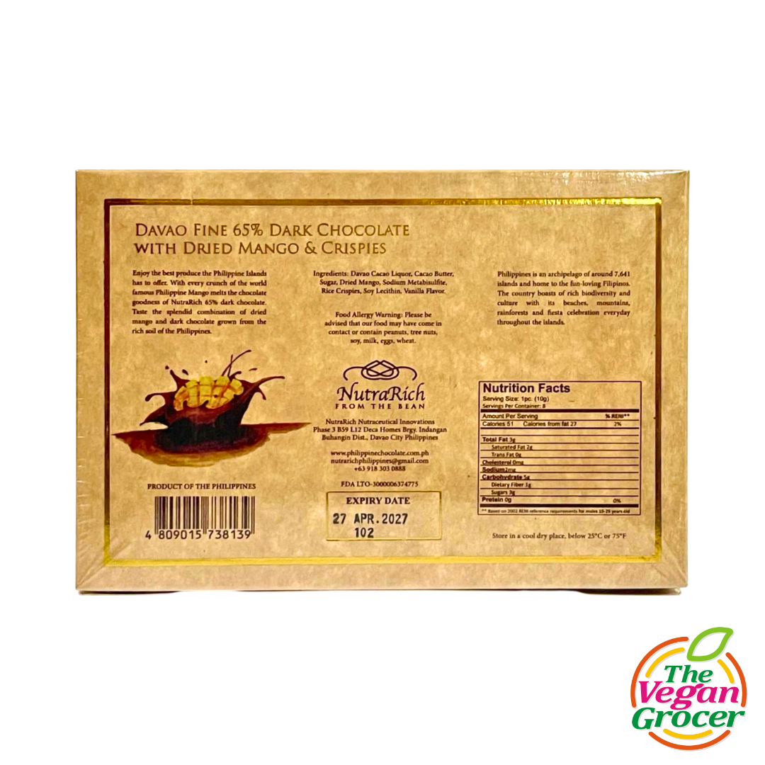 Nutra Rich Davao Fine 65% Dark Chocolate with Dried Mango and Rice Crispies 80g