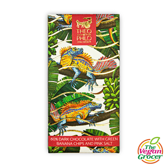 Theo & Philo 60% Dark Chocolate with Green Banana Chips & Pink Salt 45g