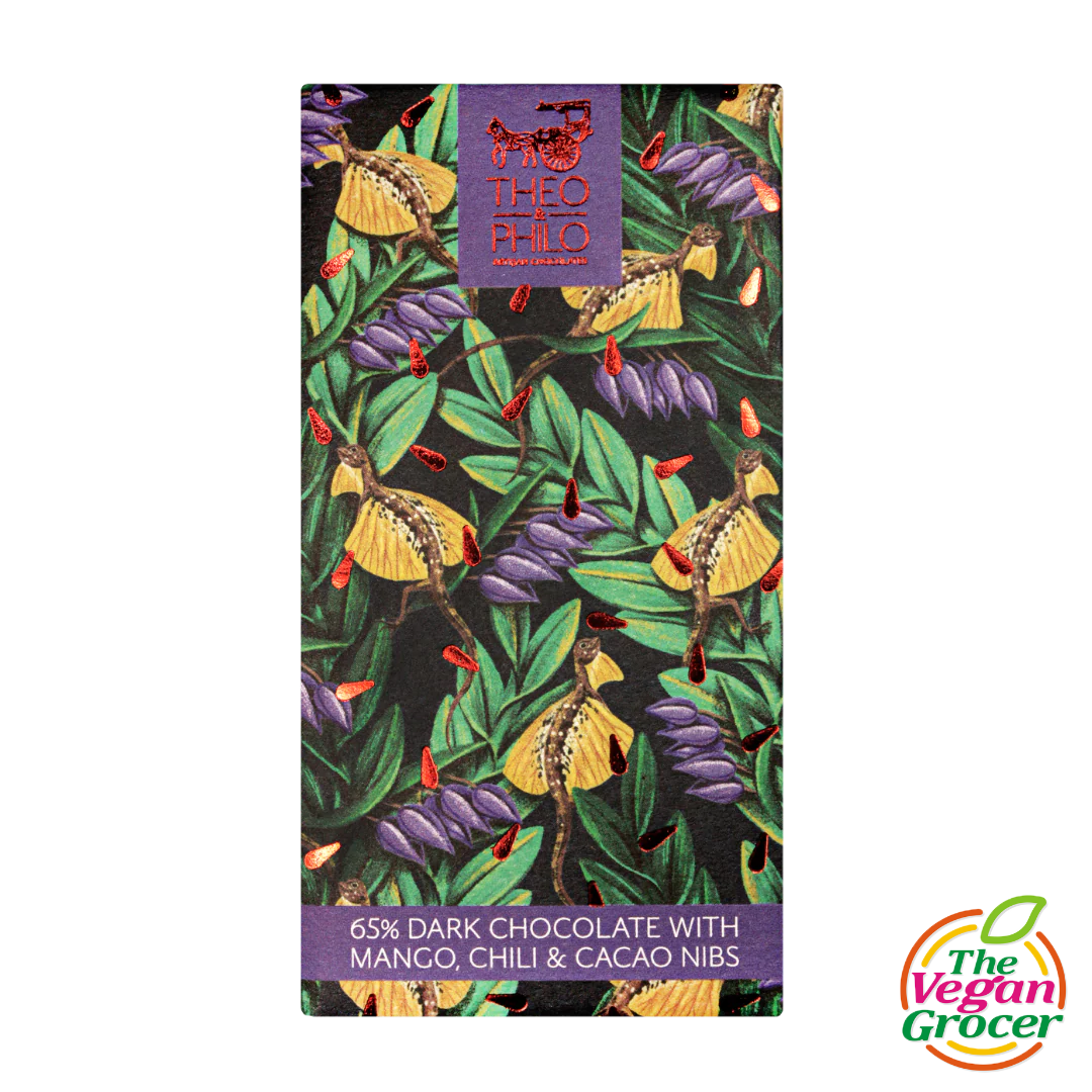 Theo & Philo 65% Dark Chocolate with Mango, Chili & Cacao Nibs 45g