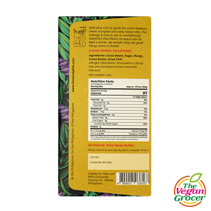 Theo & Philo 65% Dark Chocolate with Mango, Chili & Cacao Nibs 45g