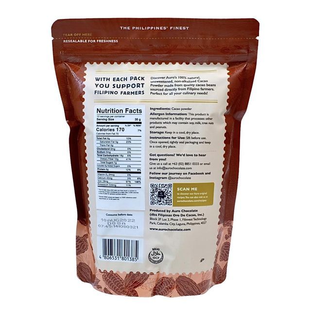 Auro 100% Natural Cacao Powder Unsweetened Non Alkalized 350g